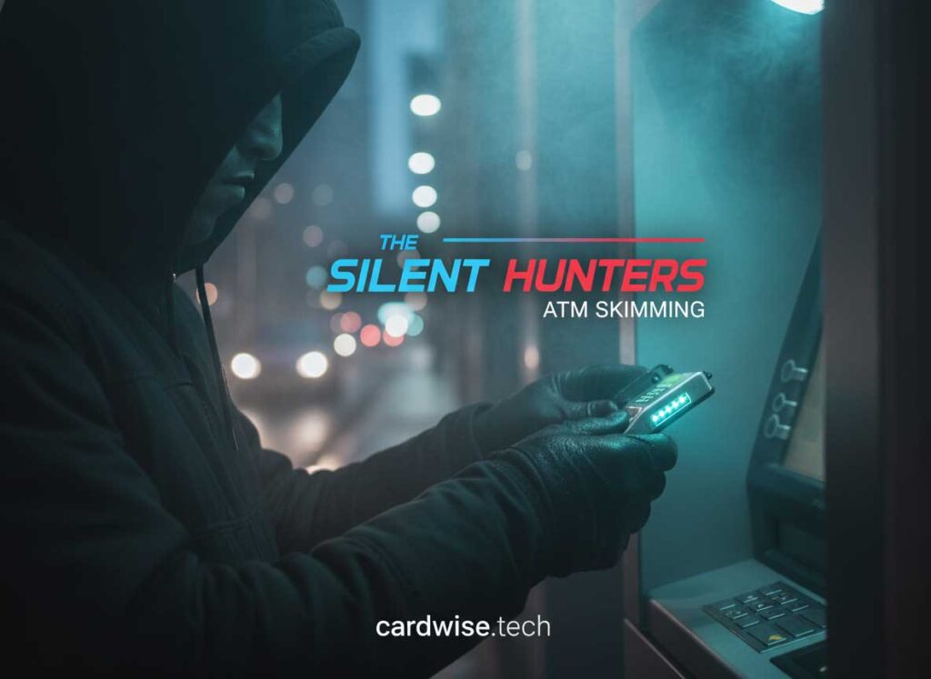 Detailed illustration of ATM skimming system showing skimmer device on card reader, hidden pinhole camera above keypad, and wireless data transmission to operator device