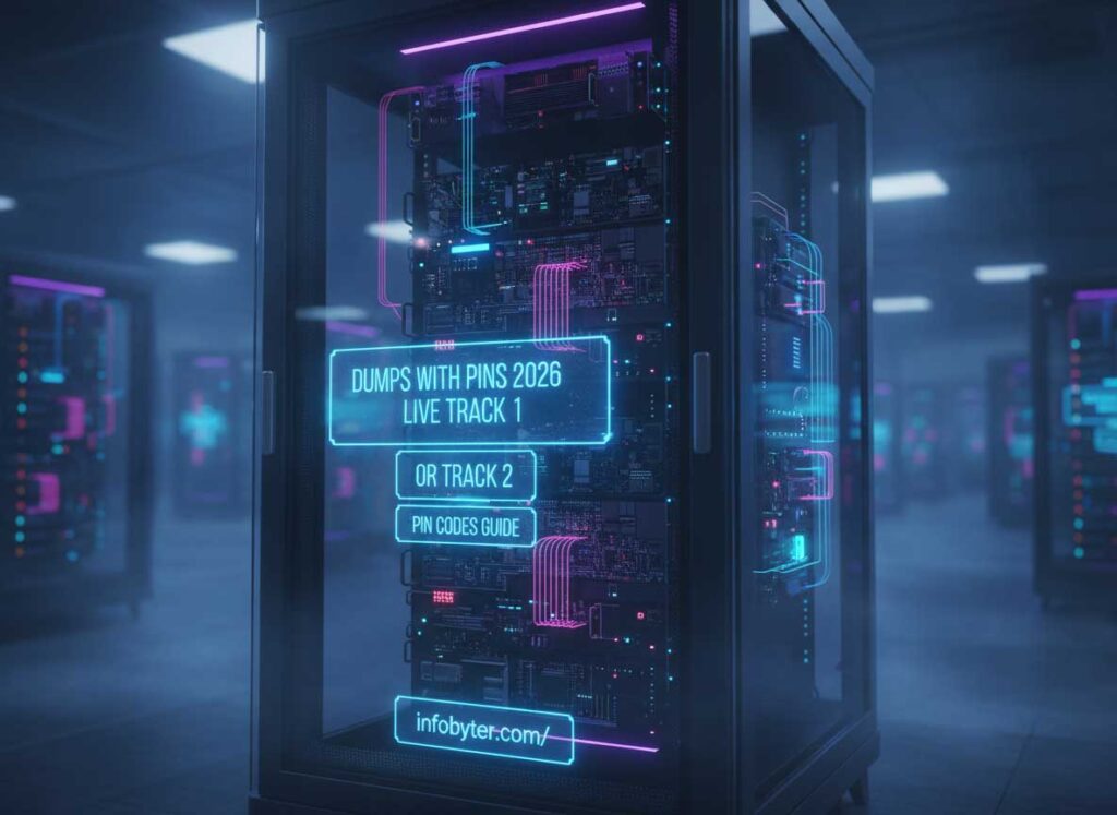 Dumps with Pins 2026. A hand inserting a blank white credit card into an ATM card slot with a PIN entry screen visible, representing the cashout process for dumps with pins in 2026