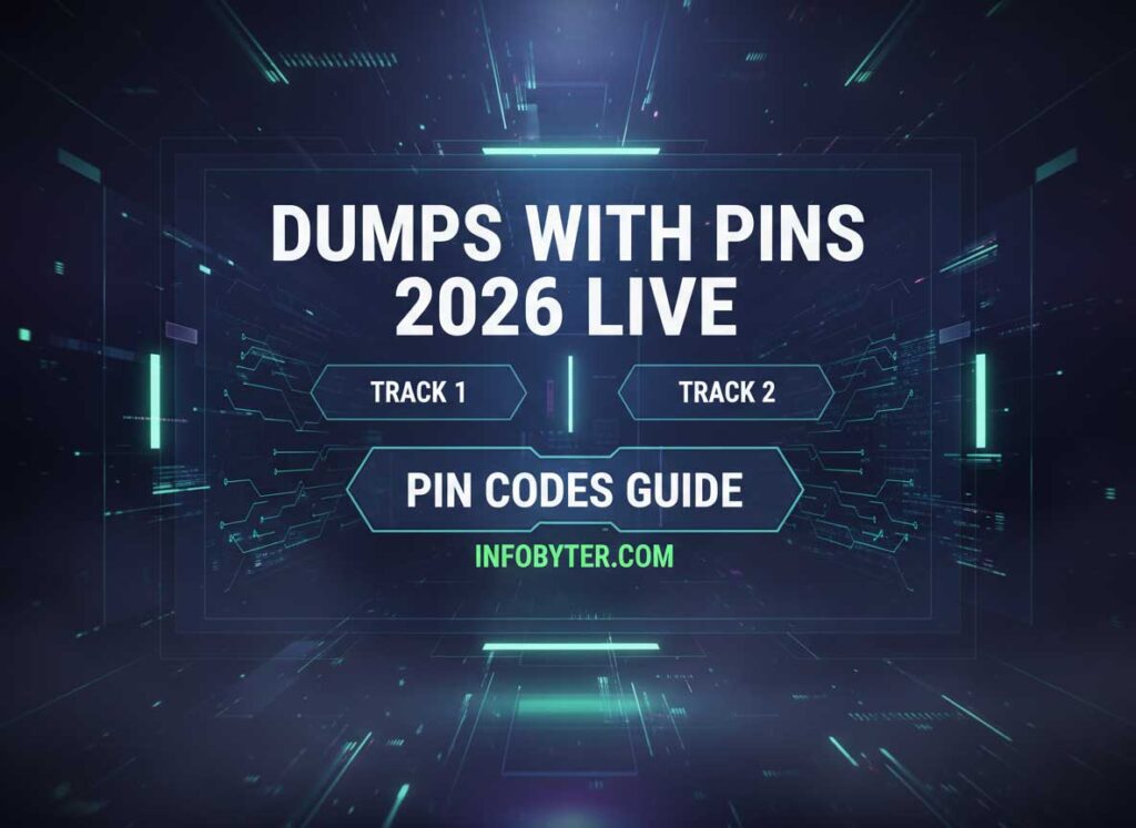 Dumps with Pin. A cloned credit card being inserted into an ATM slot with a hand pressing the keypad, emphasizing the PIN entry step