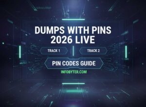 Dumps with Pin. A cloned credit card being inserted into an ATM slot with a hand pressing the keypad, emphasizing the PIN entry step