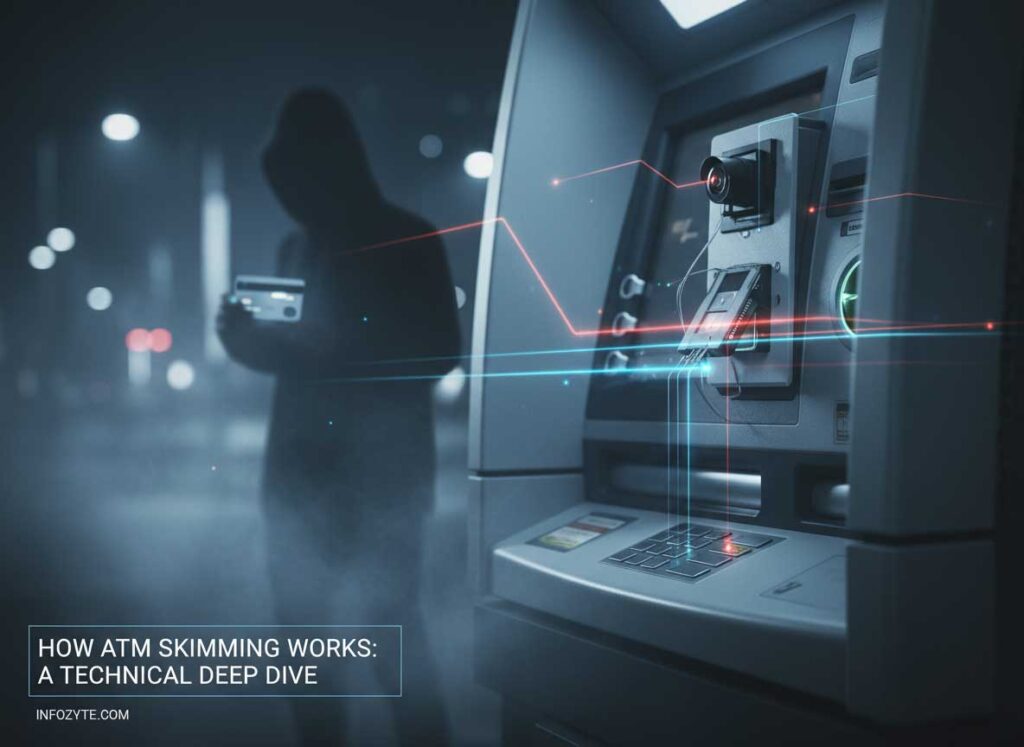 How ATM Skimming Works: A Technical Deep Dive Technical diagram showing how an ATM skimmings device captures magnetic stripe data and a hidden camera records PIN entry