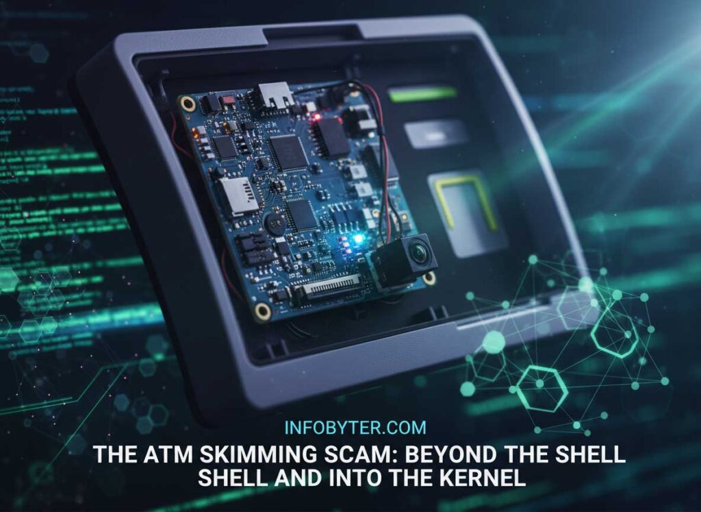 The ATM Skimming Scam. Close-up of an ATM card reader with a skimmer overlay attached, showing the hidden camera and fake keypad
