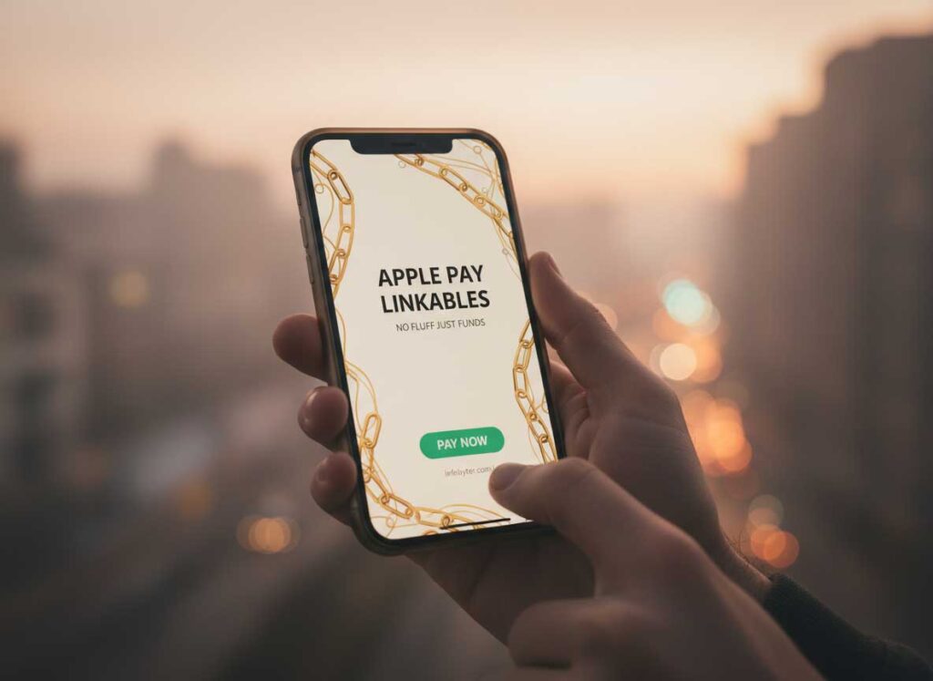 Apple Pay linkables guide showing iPhone wallet with linked card ready for payment