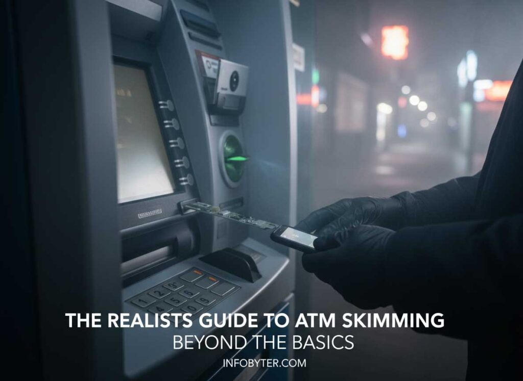 ATM Skimming Guide. Close up of an ATM card reader with a visible skimmer overlay attached, showing the slight misalignment and color difference from the original ATM fascia