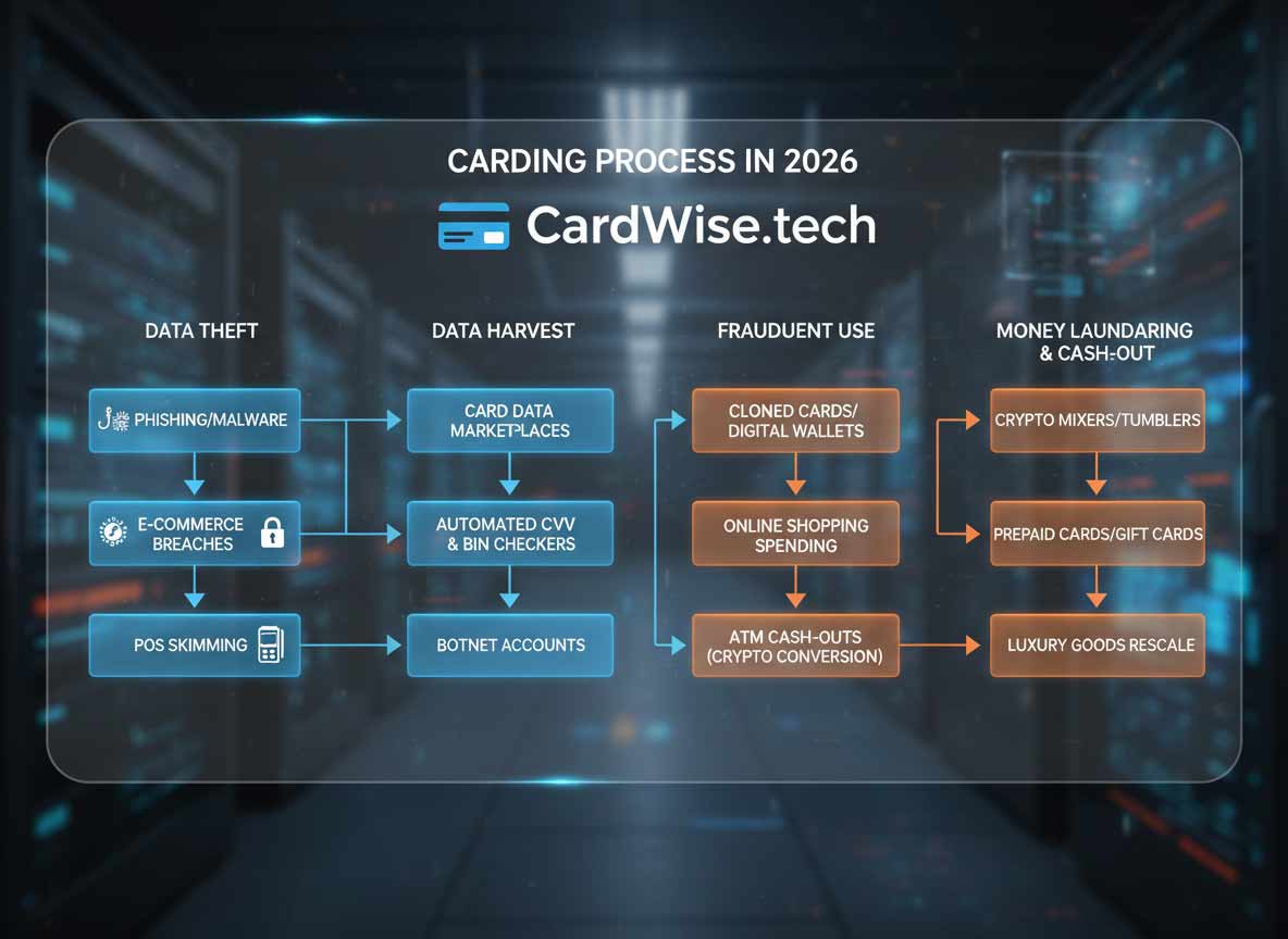 Flowchart showing how carding works in 2026 from data theft to cashing out